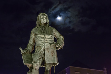 Monument to George Frideric Handel in Halle, Germany, at night