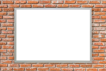 White blank board or advertising billboard for your text message or media content with brick wall background, commercial, marketing and advertising concept