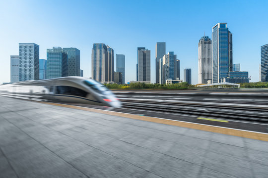 Very High-speed Train Go Through The Downtown City Space , China