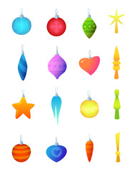Christmas tree decorations.Balls, star, icicle decor. Vector illustration set isolated on white background.