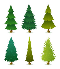 Christmas tree set. Collection of different forms, shapes of firs, spruce and pines. Flat style vector illustration.