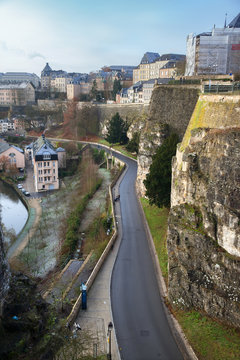 A view of defensive wall of Luxembourg's castle in winter cold day