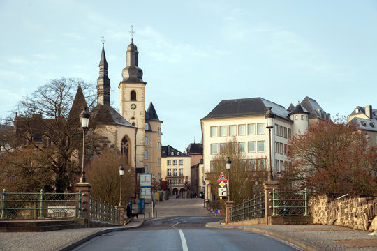 A view of Luxembourg town from Montee de Clausen in autumn day