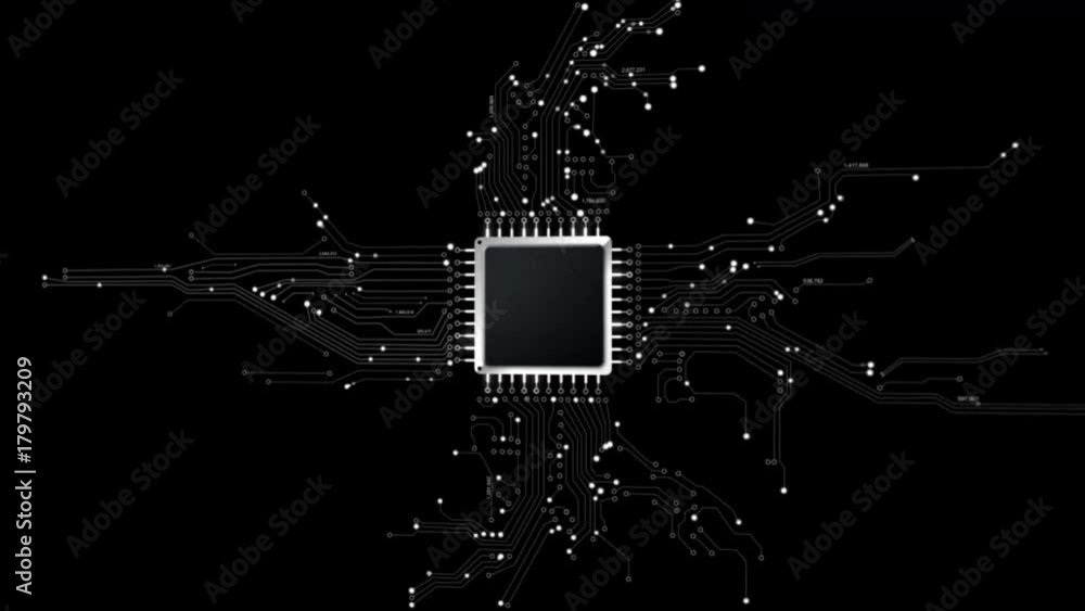 Poster 4k animation chip set cpu controller and print circuit with alpha matte for technology cyber and fut