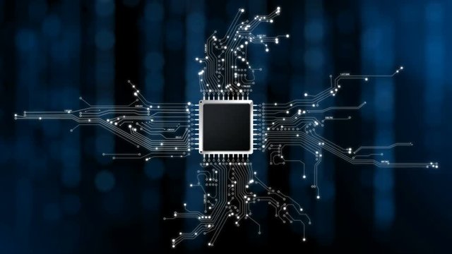 4K CPU chip set and electric circuit with data transfer moving on dark background for technology cyber and futuristic concept