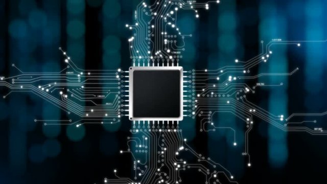 4K CPU chip set and electric circuit with data transfer moving on dark background for technology cyber and futuristic concept