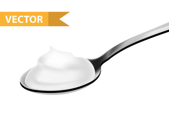 Spoon cream, yogurt, sour-cream, 3d realist style. Teaspoon, tablespoon. Isolated on white background. Vector illustration