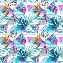Foto op Plexiglas Aquarel tropische bloemen en bladeren op de achtergrond met doodles, lijnen, geometrische vormen. © Tanya Syrytsyna