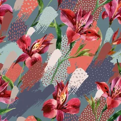 Fototapete Grafikdrucke Watercolor decorative flowers seamless pattern on colored splatters with doodles background.