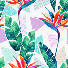 Watercolor tropical flowers on geometric background with doodles.