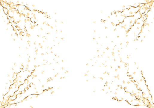 Gold Confetti And Streamer Corner Frame On White Background. Vector Illustration.