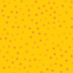 Fototapeta na wymiar Orange stars seamless pattern on yellow background. Fair endless random scattered orange stars festive pattern. Modern creative chaotic decor. Vector abstract illustration.