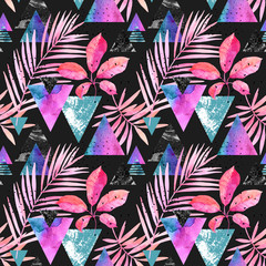 Watercolor exotic leaves, grunge textures, doodles seamless pattern in rave colors