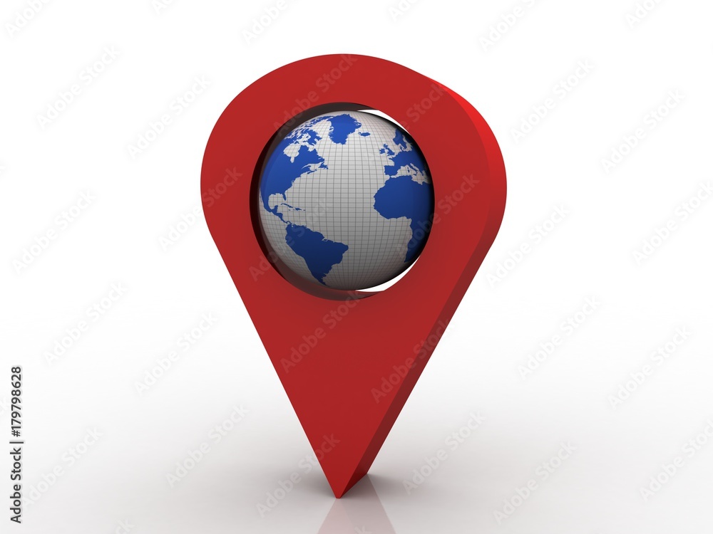 Poster 3d rendering red map pointer with world map