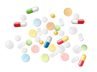 Set of vector realistic pills and capsules isolated on white background. Heap of medicines, tablets, capsules, drug of painkillers, antibiotics, vitamins and aspirin.