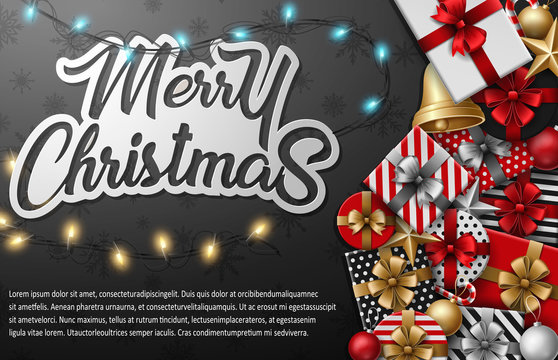 Merry christmas typographical with different gift box and christmas elements on black background