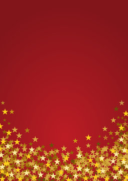 Festive vertical Christmas background with copy space. Golden stars on red
