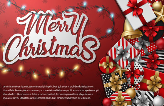 Merry christmas typographical with different gift box and christmas elements on red background