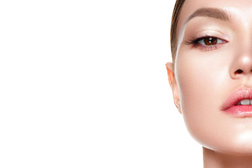 Fototapeta premium Beautiful woman portrait with fresh clear nude make up, healthy skin, skin care.