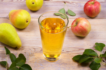 Cider on rustic wooden background with apples and pears, vhorizontal