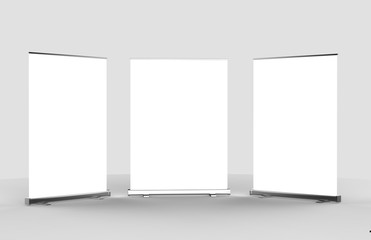 White blank empty high resolution Business Roll Up and Standee Banner display mock up Template for your Design Presentation. 3d render illustration. 150x200cm.