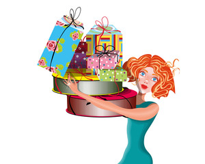 vector illustration with a young woman with gifts
