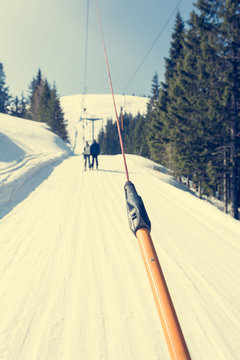 Riding A Button Ski Lift Point Of View.