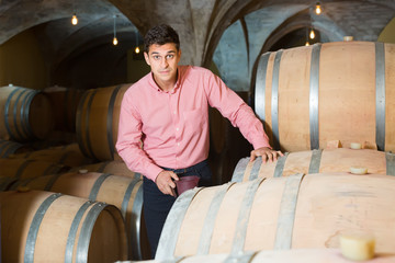 Handsome serious man posing in winery cellar