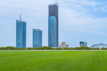 Fototapeta premium beautiful green meadow near modern office building.