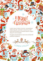 Vertical vector Christmas snowmen background.