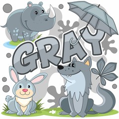 A cartoon set of illustrations for children of gray color with the image of a rhinoceros, a hare, a wolf, an umbrella of leaves on a gray background.
