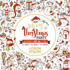 Vector Christmas party invitation template with cute snowmen.