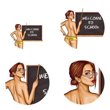 Set of vector pop art round avatar icons for users of social networking, blogs, profile icons. Young pin up sexy teacher girl with brown hair and a pointer in her hand turned her naked back near a