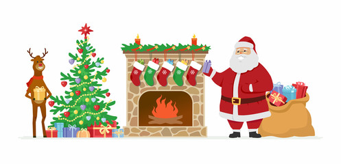 Santa and reindeer at the fireplace - cartoon characters isolated illustration