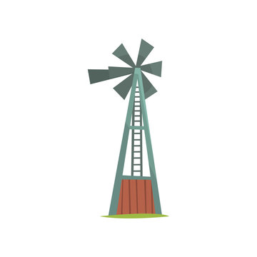 Wind water pump, traditional construction for pimping water from the ground cartoon vector Illustration