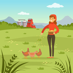 Fototapeta premium Farmer woman feeding hens with corn, agriculture and farming, rural landscape vector Illustration