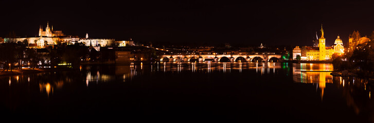 Fototapeta na wymiar Prague castle and Charles bridge night panorama with city light with reflection in river