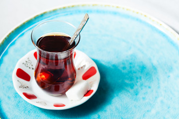 Travel concept: tea in traditional Turkish cups