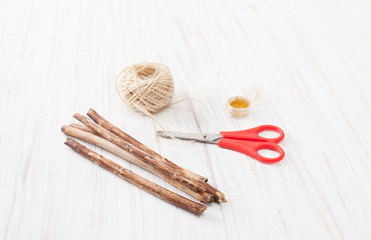 Dry cleaned branches for homemade crafts on a white table
