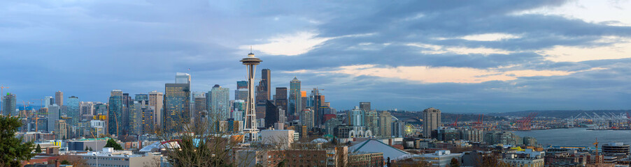 Seattle City Skyline at Dusk Panorama in Washington state USA