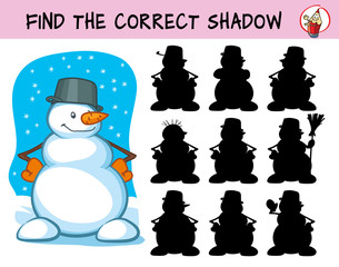 Happy snowman. Find the correct shadow. Educational matching game for children. Cartoon vector illustration