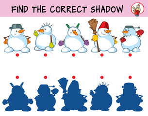 Funny snowmen. Find the correct shadow. Educational matching game for children. Cartoon vector illustration