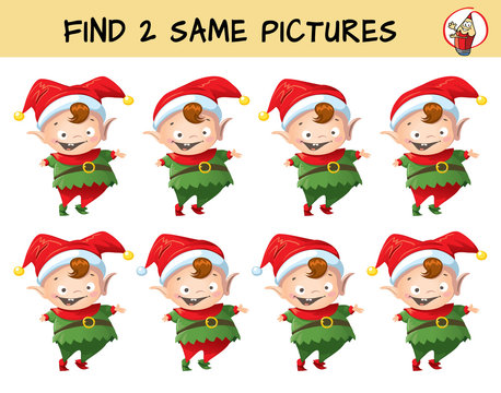 Funny Christmas elf. Find two same pictures. Educational matching game for children. Cartoon vector illustration