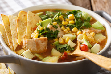 Delicious tortilla soup with chicken, greens, tomatoes, avocado and corn macro. horizontal