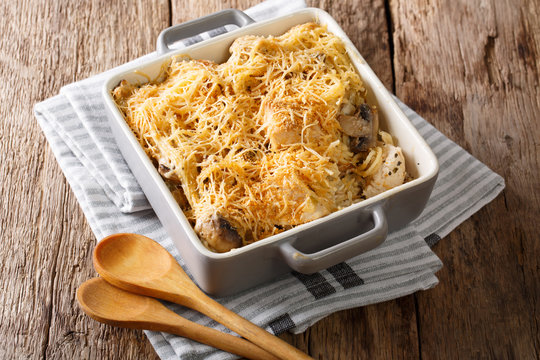 North American tetrazzini with chicken close-up in a baking dish. horizontal