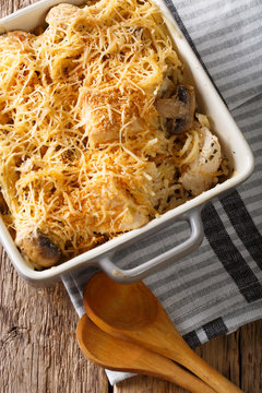 Tetrazzini is an American dish. Spaghetti with chicken, mushrooms and cheese macro. Vertical top view