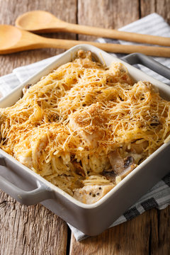 tetrazzini from spaghetti, mushrooms, cheese, chicken and cream sauce close-up. vertical