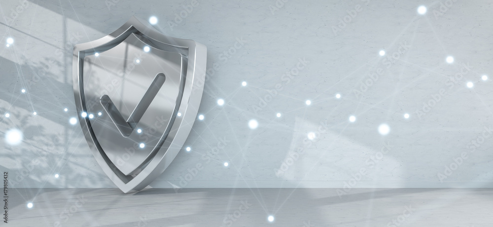 Poster shield icons in interior with connections 3d rendering