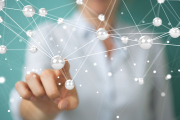 Businesswoman using flying network balls connection 3D rendering