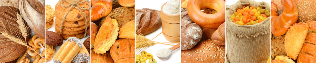 Panoramic collage set of bread products.